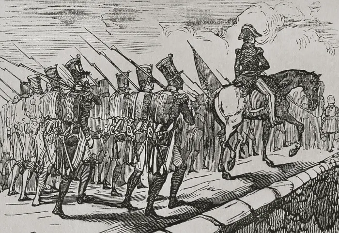 Framed Print : Departure of French troops from Spain, late 18th-early 19th century, (1851). Creator: Unknown Framed Print : Departure of French troops from Spain, late 18th-early 19th century, (1851). Creator: Unknown