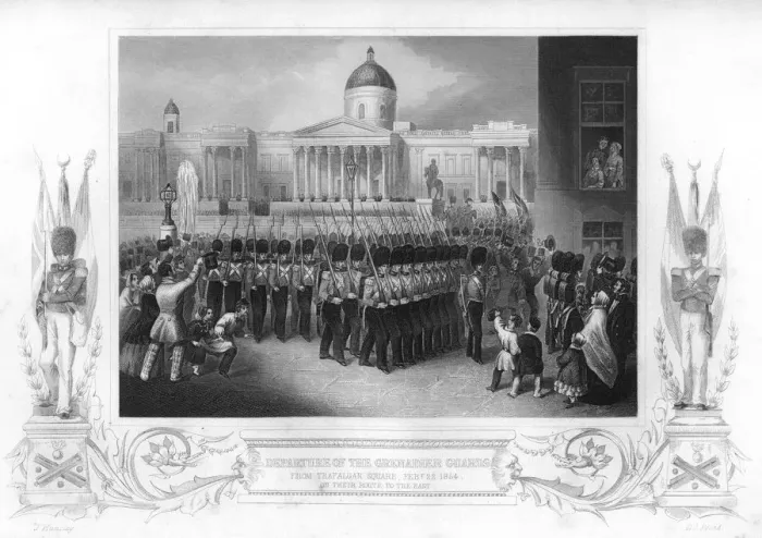 Framed Print : The departure of the Grenadier Guards, Trafalgar Square, London, 1854 (1857). Artist: DJ Pound Framed Print : The departure of the Grenadier Guards, Trafalgar Square, London, 1854 (1857). Artist: DJ Pound