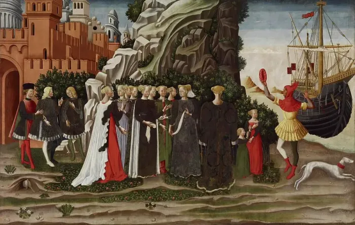 Framed Print : The Departure of Helen and her Entourage for Cythera, c1468. Creator: Dario di Giovanni Framed Print : The Departure of Helen and her Entourage for Cythera, c1468. Creator: Dario di Giovanni