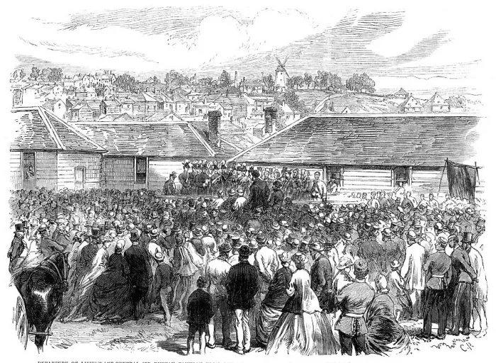 Framed Print : Departure of Lieutenant-General Sir Duncan Cameron from...New Zealand...farewell address, 1865. Creator: C. R Framed Print : Departure of Lieutenant-General Sir Duncan Cameron from...New Zealand...farewell address, 1865. Creator: C. R