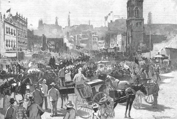 Framed Print : The Departure of Lord and Lady Carrington from Sydney for England; The Procession passing down Geo Creator: Unknown Framed Print : The Departure of Lord and Lady Carrington from Sydney for England; The Procession passing down Geo Creator: Unknown