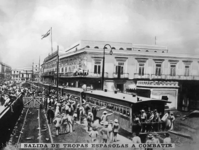 Framed Print : Departure of Spanish troops, (1870s), 1920s Framed Print : Departure of Spanish troops, (1870s), 1920s