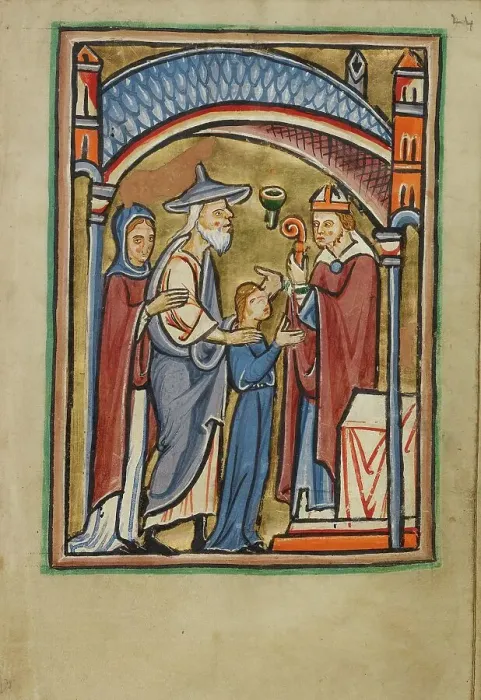 Framed Print : The Departure of the Virgin from the Temple; Illustrated Vita Christi... about 1190-1200. Creator: Unknown Framed Print : The Departure of the Virgin from the Temple; Illustrated Vita Christi... about 1190-1200. Creator: Unknown