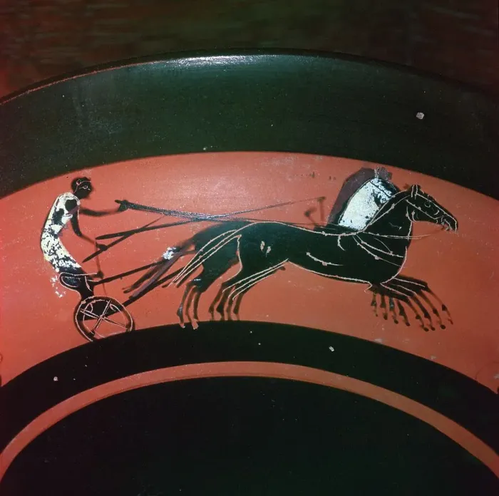 Framed Print : Depiction of chariot-racing on an Attic kylix, 6th century BC Framed Print : Depiction of chariot-racing on an Attic kylix, 6th century BC