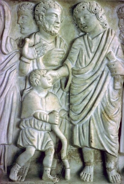 Depiction of Jesus healing a blind man on an early Christian sarcophagus, 4th Century