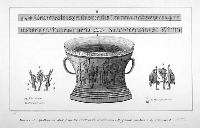 Framed Print : Depiction of a mortar from the Apothecaries Hall, including inscription, 1789. Artist Framed Print : Depiction of a mortar from the Apothecaries Hall, including inscription, 1789. Artist
