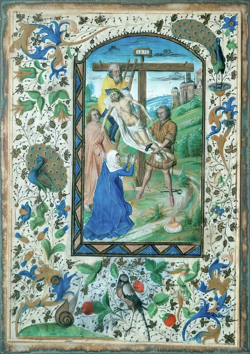 Framed Print : The Deposition - One of four Illuminated pages from a Book of Hours, c1430-1450. Creator: Unknown Framed Print : The Deposition - One of four Illuminated pages from a Book of Hours, c1430-1450. Creator: Unknown