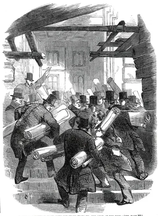 Framed Print : Deposits of railway plans with the Board of Trade - the rush at the door, 1845 Framed Print : Deposits of railway plans with the Board of Trade - the rush at the door, 1845