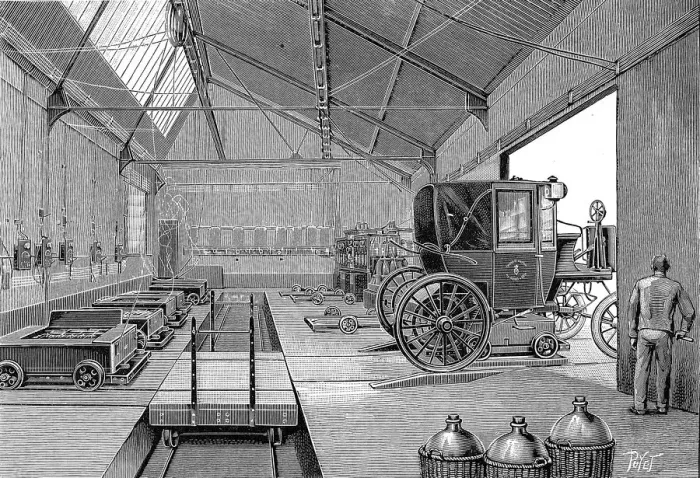 Framed Print : Depot where electrically driven Paris cabs were fitted with freshly charged batteries, 1899 Framed Print : Depot where electrically driven Paris cabs were fitted with freshly charged batteries, 1899