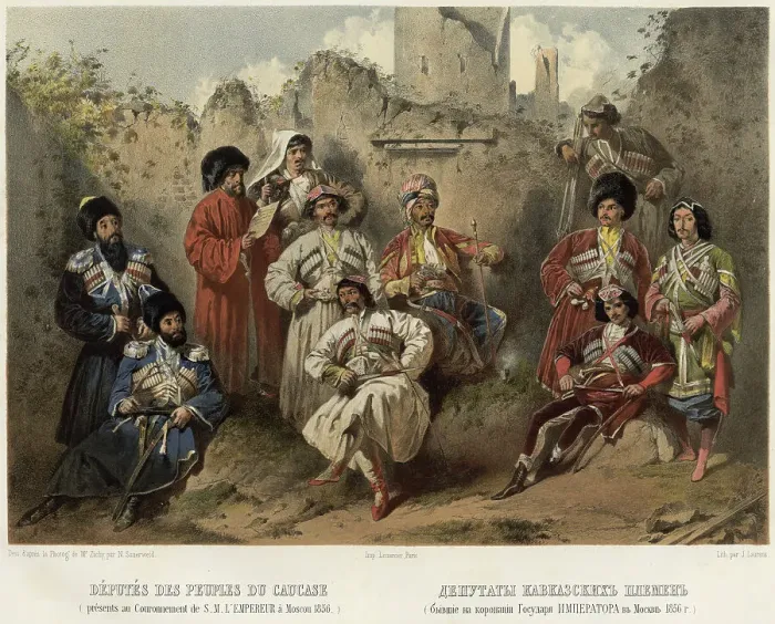 Framed Print : Deputies of the Caucasian tribes (who were at the coronation of the Sovereign Emperor..), 1862. Creator: Nicolas Aleksandrovich Sauerweid Framed Print : Deputies of the Caucasian tribes (who were at the coronation of the Sovereign Emperor..), 1862. Creator: Nicolas Aleksandrovich Sauerweid