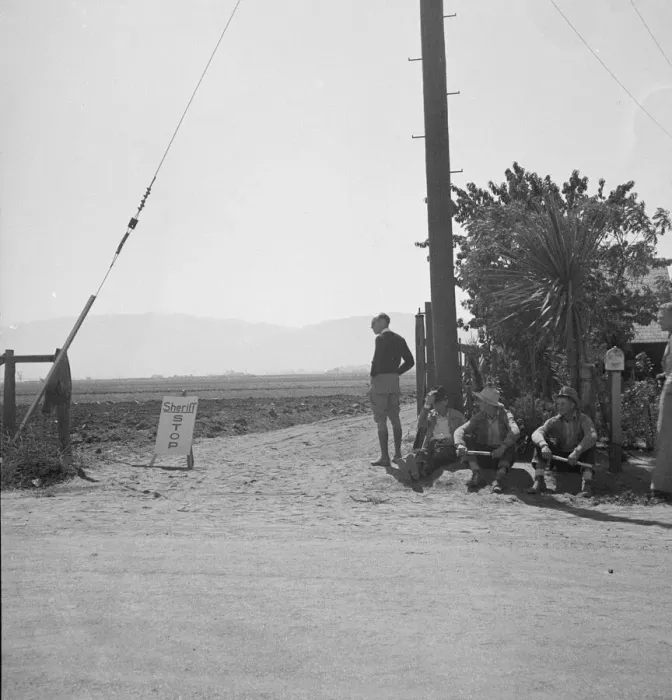 Framed Print : Deputized vigilantes'armed with clubs guard entrance... Salinas Valley, California, 1939. Creator: Dorothea Lange Framed Print : Deputized vigilantes'armed with clubs guard entrance... Salinas Valley, California, 1939. Creator: Dorothea Lange