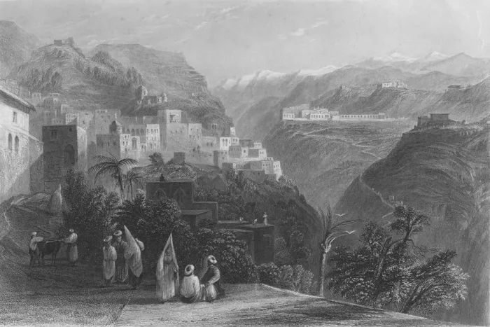 Framed Print : Der-El-Kamar, and the Palaces of Beteddein, 1837. Artist: Thomas Abiel Prior Framed Print : Der-El-Kamar, and the Palaces of Beteddein, 1837. Artist: Thomas Abiel Prior