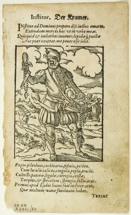 Framed Print : Der Kramer (The Peddler) from De omnibus illiberalibus sive mechanicis artibus by... 1937. Creators: Jost Ammon, Max Geisberg, Hartmann Schopper Framed Print : Der Kramer (The Peddler) from De omnibus illiberalibus sive mechanicis artibus by... 1937. Creators: Jost Ammon, Max Geisberg, Hartmann Schopper