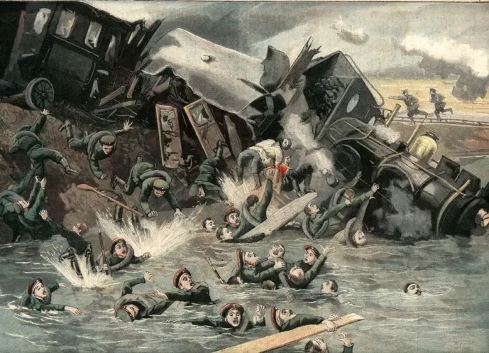 Framed Print : Derailment of a Russian military train, falling into the river Dornat, the train Framed Print : Derailment of a Russian military train, falling into the river Dornat, the train