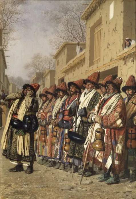 Framed Print : Dervishes Chorus Begging Alms in Tashkent, 1870. Artist: Vereshchagin, Vasili Vasilyevich (1842-1904)