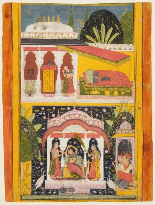 Framed Print : Desavarari Ragini, from a Ragamala series: A lady and two attendants in a bower in Framed Print : Desavarari Ragini, from a Ragamala series: A lady and two attendants in a bower in