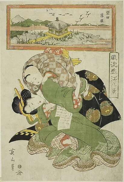 Descending Geese at Katada (Katada rakugan), from the series 'Fashionable Eight Views... c.1814 / 17. Creator: Kikukawa Eizan. Descending Geese at Katada (Katada rakugan), from the series 'Fashionable Eight Views... c.1814 / 17