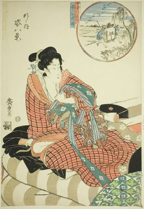 Framed Print : Descending Geese at the Rice Fields (Tanbo no rakugan) and Evening Bell of the Mornin... 19th cent. Creator: Ando Hiroshige Framed Print : Descending Geese at the Rice Fields (Tanbo no rakugan) and Evening Bell of the Mornin... 19th cent. Creator: Ando Hiroshige