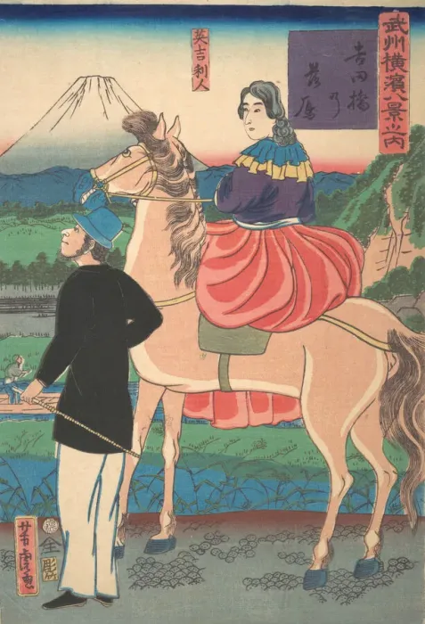 Framed Print : Descending Geese at Yoshida Bridge [English Couple] (Yoshidabashi no rakugan [I1st month