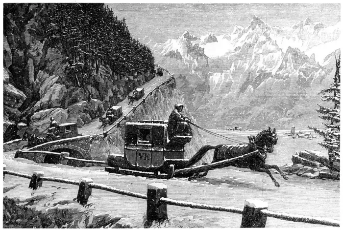 Framed Print : Descending the Mont Cenis pass in winter by horse-drawn sledge, 19th century Framed Print : Descending the Mont Cenis pass in winter by horse-drawn sledge, 19th century