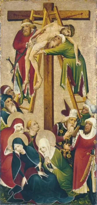 Framed Print : The Descent from the Cross. Artist: Master of the Middle-Rhine (active 1470-1480) Framed Print : The Descent from the Cross. Artist: Master of the Middle-Rhine (active 1470-1480)