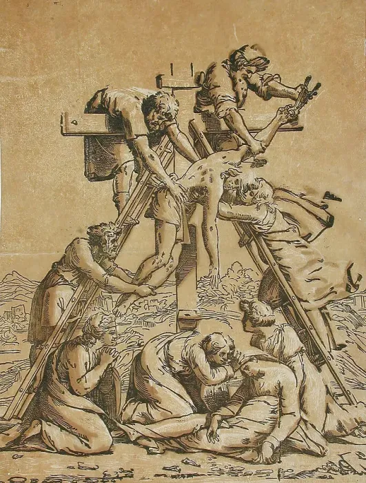 Framed Print : Descent from the Cross, between circa 1520 and circa 1527. Creators: Ugo da Carpi, Raphael Framed Print : Descent from the Cross, between circa 1520 and circa 1527. Creators: Ugo da Carpi, Raphael