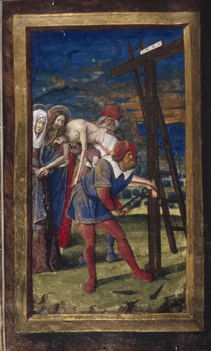 Framed Print : The Descent from the Cross (from Lettres batardes), ca 1490-1510. Artist: Poyet, Jean (active 1483-1497) Framed Print : The Descent from the Cross (from Lettres batardes), ca 1490-1510. Artist: Poyet, Jean (active 1483-1497)