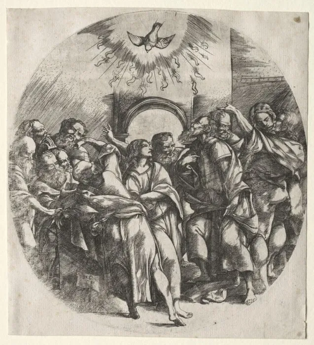 Framed Print : The descent of the holy spirit, 1518. Creator: Domenico Campagnola (Italian, 1500-1564) Framed Print : The descent of the holy spirit, 1518. Creator: Domenico Campagnola (Italian, 1500-1564)