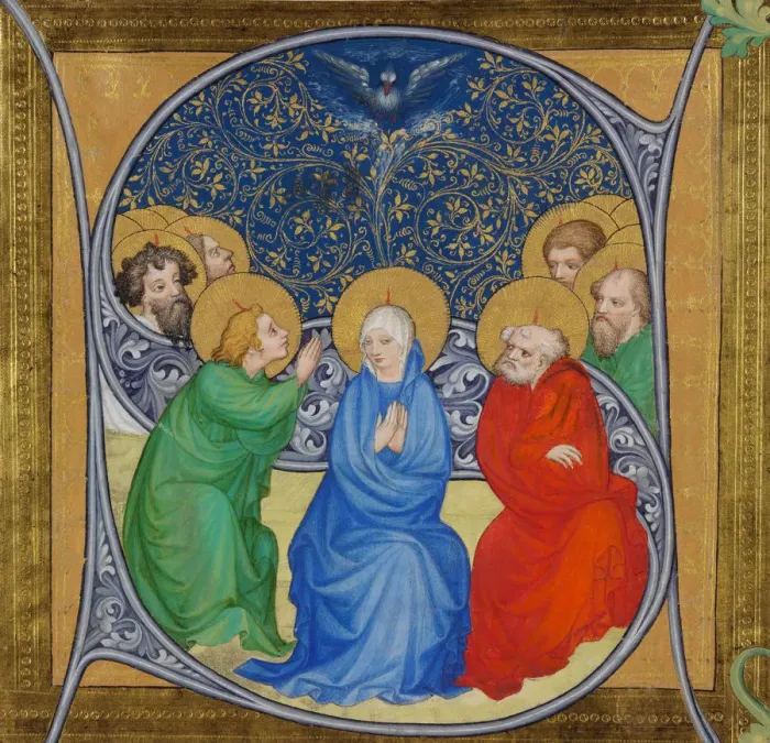 Framed Print : The descent of the Holy Spirit (Pentecost), 1415. Artist: Bohemian Master (active 1410-1420) Framed Print : The descent of the Holy Spirit (Pentecost), 1415. Artist: Bohemian Master (active 1410-1420)
