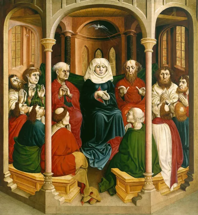 Framed Print : The descent of the Holy Spirit (Pentecost). The Wings of the Wurzach Altar, 1437. Artist: Multscher, Hans (c. 1400-1467) Framed Print : The descent of the Holy Spirit (Pentecost). The Wings of the Wurzach Altar, 1437. Artist: Multscher, Hans (c. 1400-1467)