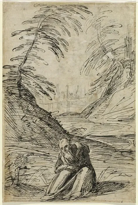 Framed Print : Desert Landscape with a Hermit (verso), 1615 / 1620. Creator: Hermann Weyer Framed Print : Desert Landscape with a Hermit (verso), 1615 / 1620. Creator: Hermann Weyer