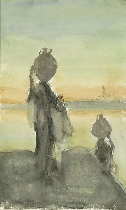 Framed Print : Desert landscape with water carriers, 1919. Creator: Marius Bauer Framed Print : Desert landscape with water carriers, 1919. Creator: Marius Bauer