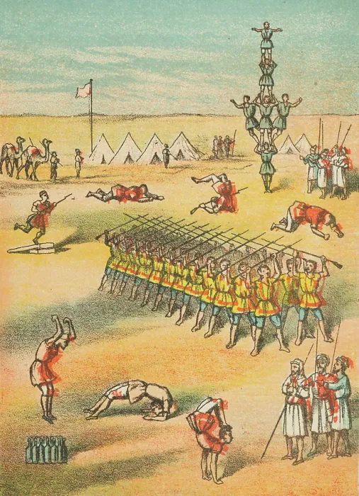 Framed Print : Desert scene with acrobats, soldiers, camels and tents, 19th century. Creator: Unknown Framed Print : Desert scene with acrobats, soldiers, camels and tents, 19th century. Creator: Unknown