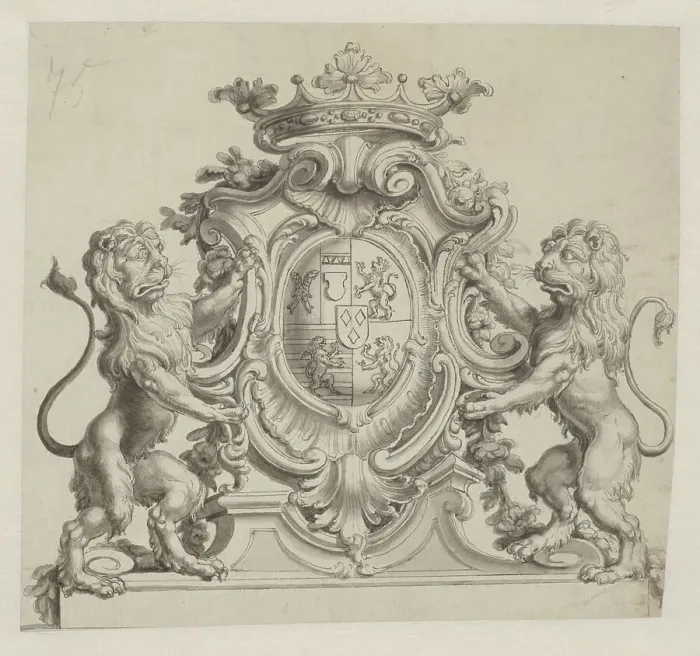 Framed Print : Design for the award winning coat of arms Salm-Reiferscheidt-Dyck, c.1735. Creator: Anon Framed Print : Design for the award winning coat of arms Salm-Reiferscheidt-Dyck, c.1735. Creator: Anon