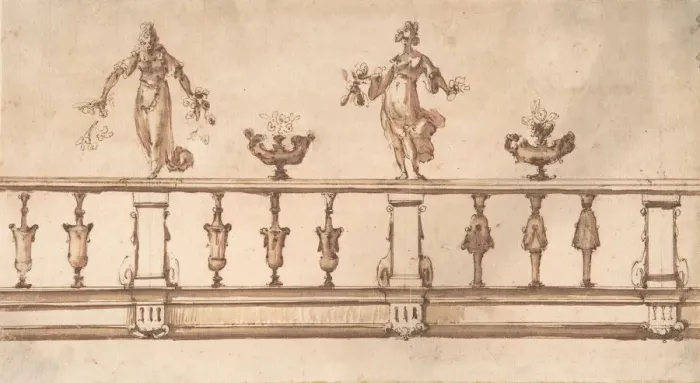 Framed Print : Design for a Balustrade with Female Figures and Urns, 16th-17th century Framed Print : Design for a Balustrade with Female Figures and Urns, 16th-17th century