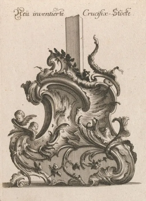 Framed Print : Design for the Base of a Crucifix, Plate 1 from: Neüinventierte Crucifix= Framed Print : Design for the Base of a Crucifix, Plate 1 from: Neüinventierte Crucifix=