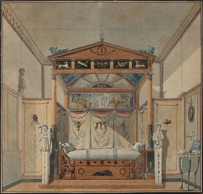 Framed Print : Design of the Bed, c. 1800. Creator: Percier, Charles (1764-1838) Framed Print : Design of the Bed, c. 1800. Creator: Percier, Charles (1764-1838)