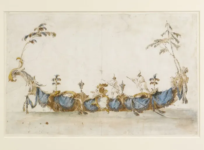 Framed Print : Design for a Bissona, with two gondoliers in Chinese dress, ca 1766-1770 Framed Print : Design for a Bissona, with two gondoliers in Chinese dress, ca 1766-1770