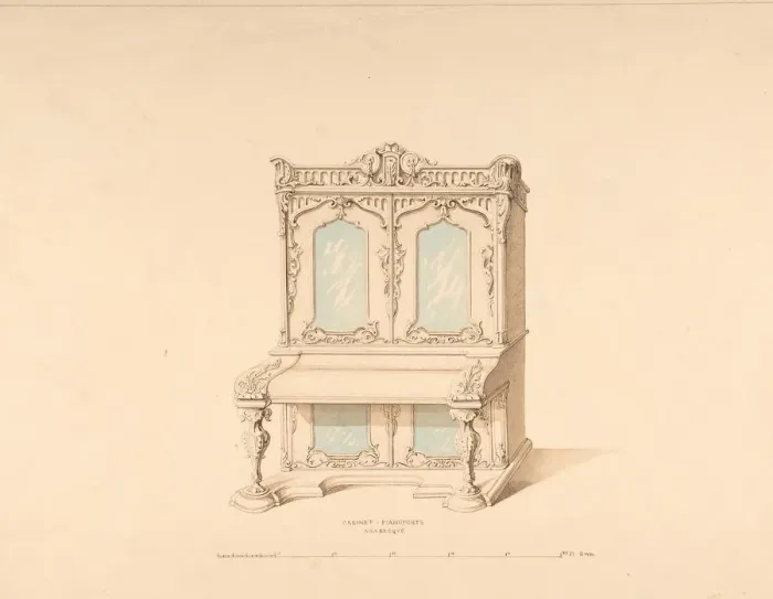 Framed Print : Design for Cabinet Pianoforte, Arabesque Style, 1835-1900. Creator: Robert William Hume Framed Print : Design for Cabinet Pianoforte, Arabesque Style, 1835-1900. Creator: Robert William Hume