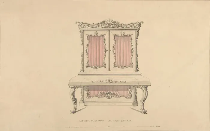Framed Print : Design for Cabinet Pianoforte, Louis Quatorze Style, 1835-1900 Framed Print : Design for Cabinet Pianoforte, Louis Quatorze Style, 1835-1900