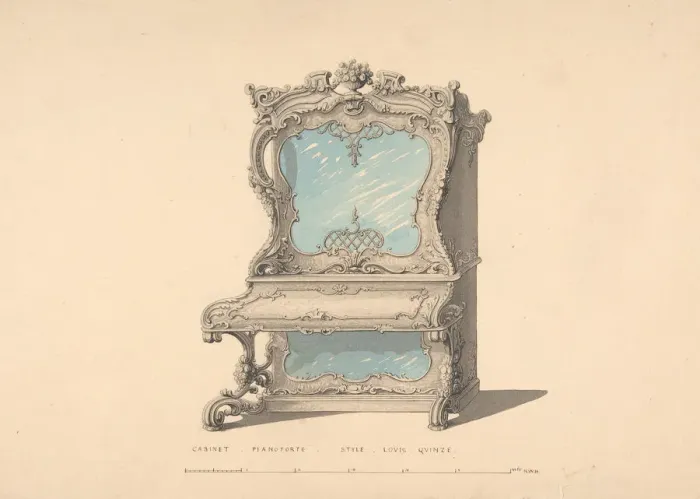 Framed Print : Design for Cabinet Pianoforte, Louis Quinze Style, 1835-1900 Framed Print : Design for Cabinet Pianoforte, Louis Quinze Style, 1835-1900