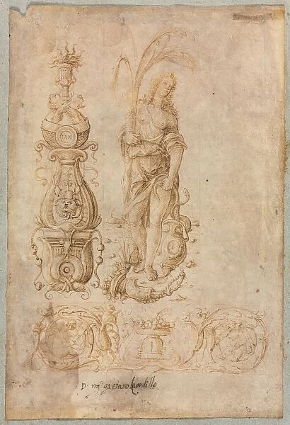 Design for a Candelabrum, Allegorical Figure of Abundance, Ornamental Relief Design, c