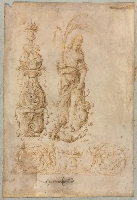 Framed Print : Design for a Candelabrum, Allegorical Figure of Abundance, Ornamental Relief Design, c Framed Print : Design for a Candelabrum, Allegorical Figure of Abundance, Ornamental Relief Design, c