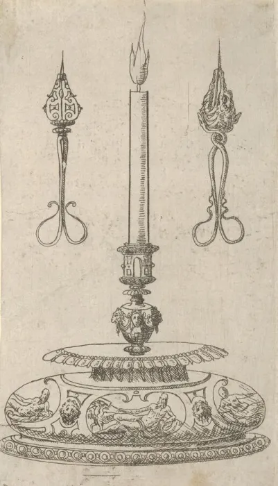 Framed Print : Design for a Candlestick with Candle Wick Trimmers, 1560-70. Creator: Erasmus Hornick Framed Print : Design for a Candlestick with Candle Wick Trimmers, 1560-70. Creator: Erasmus Hornick