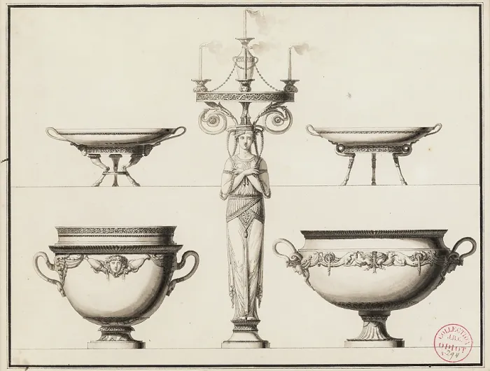 Framed Print : Design for a Candlestick in the Form of a Woman, Two Entree Cups... between 1785 and 1789. Creator: Jean Guillaume Moitte Framed Print : Design for a Candlestick in the Form of a Woman, Two Entree Cups... between 1785 and 1789. Creator: Jean Guillaume Moitte