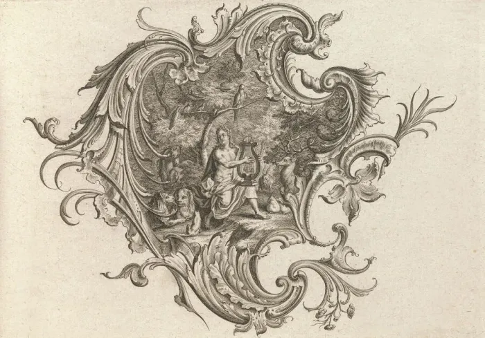 Framed Print : Design for a Cartouche and Representation of Hearing, Plate 3 from Neu I... Printed ca. 1750-56. Creator: Johann Georg Pintz Framed Print : Design for a Cartouche and Representation of Hearing, Plate 3 from Neu I... Printed ca. 1750-56. Creator: Johann Georg Pintz
