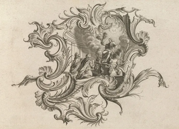 Framed Print : Design for a Cartouche and Representation of Smell, Plate 5 from Neu Inv... Printed ca. 1750-56. Creator: Johann Georg Pintz Framed Print : Design for a Cartouche and Representation of Smell, Plate 5 from Neu Inv... Printed ca. 1750-56. Creator: Johann Georg Pintz