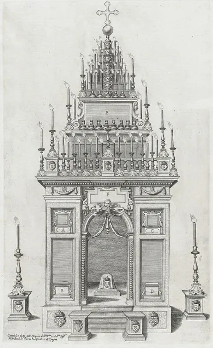 Framed Print : Design of the catafalque for the exequies of the Marchesa di Villena in San Giacomo degli... 1604. Creator: Anon Framed Print : Design of the catafalque for the exequies of the Marchesa di Villena in San Giacomo degli... 1604. Creator: Anon