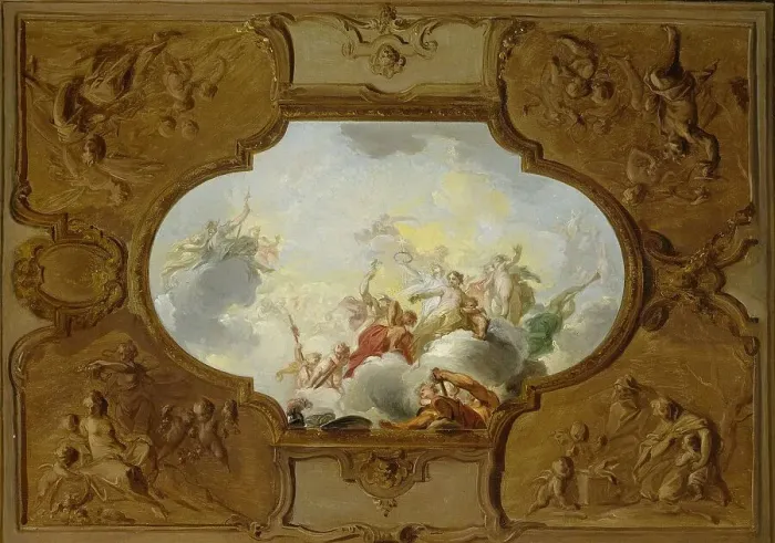 Framed Print : Design for a ceiling painting with the Apotheosis of Aeneas, in the corners the Four Seasons, c.1720 Creator: Jacob de Wit Framed Print : Design for a ceiling painting with the Apotheosis of Aeneas, in the corners the Four Seasons, c.1720 Creator: Jacob de Wit