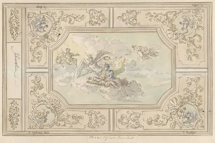 Framed Print : Design for a ceiling painting with Honour (?) crowned by Time, 1677-1755. Creator: Elias van Nijmegen Framed Print : Design for a ceiling painting with Honour (?) crowned by Time, 1677-1755. Creator: Elias van Nijmegen